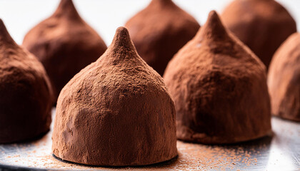 Close-up of velvety and textured chocolate truffles in dessert display