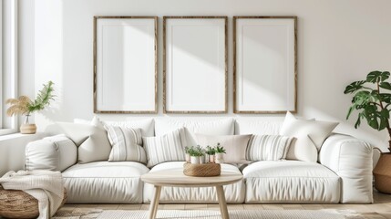 Obraz premium render of three vertical blank frames in a mockup cozy living room, a white sofa with striped pillows and a wooden white table near a window with natural light, white walls