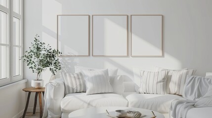 render of three vertical blank frames in a mockup cozy living room, a white sofa with striped pillows and a wooden white table near a window with natural light, white walls