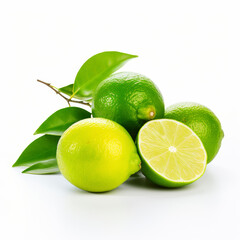 Whole and sliced lime and lemon with green leaves isolated on white background