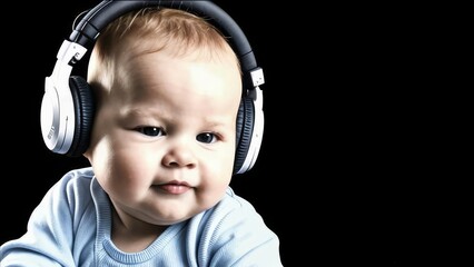 Child with headphones on a dark background.