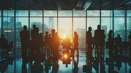 Group of business people silhouettes in modern office building and business network concept. Human resources. group of business people Management strategy hyper realistic 