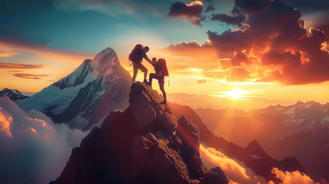Hiker helping friend reach the mountain top, Generative Ai illustration