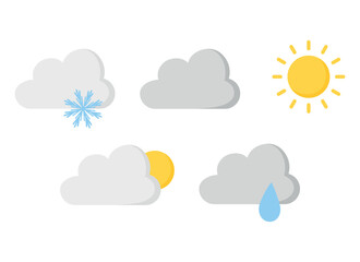 Weather flat icons. Colored. Snow, cloudy, sunny, rainy. Isolated objects on a white backdrop. Vector texture. Simple. Flat. Stickers 