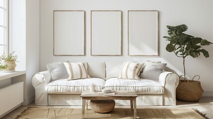 Naklejka premium render of three vertical blank frames in a mockup cozy living room, a white sofa with striped pillows and a wooden white table near a window with natural light, white walls