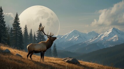Elk in snowy mountain landscape with a large moon at dusk