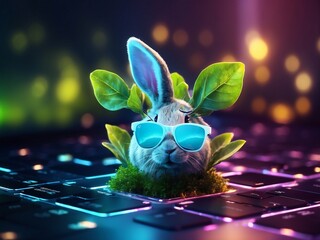 Funny easter animal pet - Easter bunny rabbit with sunglasses, giving thumb up, isolated on orange background. background Generative AI illustration of glowing plant growing on computer chip represent