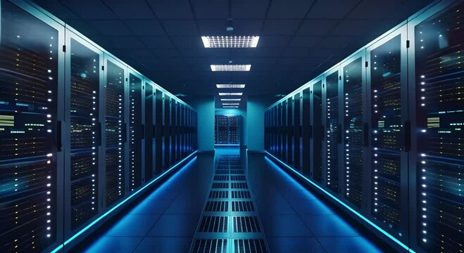 Server room in a data center with perspective lines leading to a digital horizon