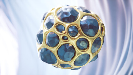 Blue balloon pulsates in golden cage. 3d rendering of jewellery on abstract background .