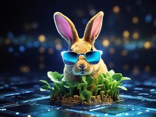 Easter bunny rabbit with sunglasses, giving thumb up, isolated on orange background. background Generative AI illustration of glowing plant growing