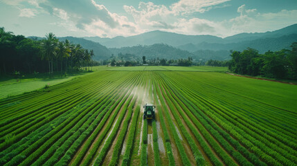 Aerial perspective of a tractor plowing through vibrant green fields surrounded by tropical palms and mountains.