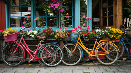 row of colorful bicycles parked neatly outside quaint cafe with baskets filled with fresh flowers...