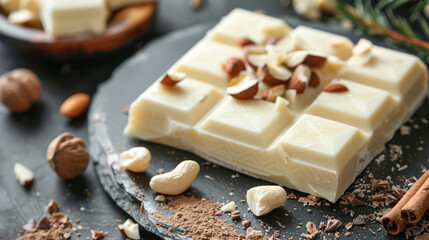 Fototapeta na wymiar Sweet white chocolate with nuts on table