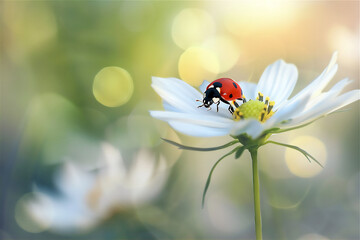 Fototapeta premium Ladybug on white blossom flower in close up. Spring and summer theme background.