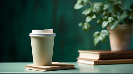 A cup of coffee and book with green background. World book day.