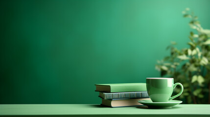 A cup of coffee and book with green background. World book day.