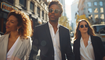 Fashionable Business Team on Sunny City Street. A chic African American male leads a fashionable business team, exuding confidence and style on a sunlit urban street.
