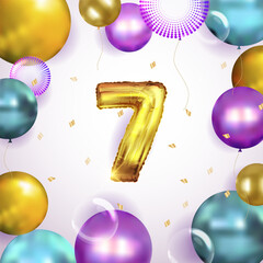Elegant Greeting celebration sevens years birthday. Anniversary number 7 foil gold balloon. Happy birthday, congratulations poster.