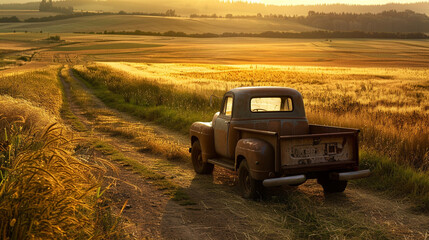 rugged pickup truck parked on dirt road in the heart of the countryside with fields of golden wheat...