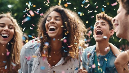 'friends fun party confetti loud Group air having out celebrating enjoying summertime laughing throwing Multicultural students Youth young outdoor friendship people happy confett' - Powered by Adobe