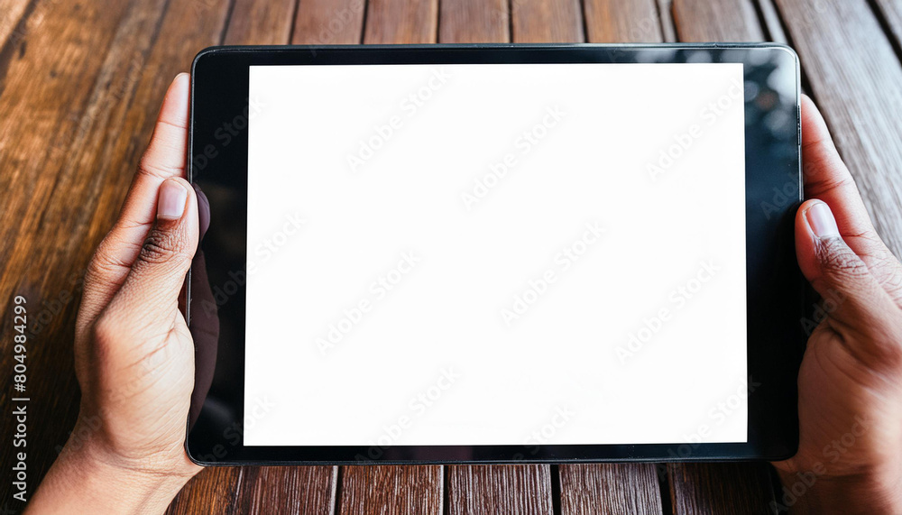 Poster mockup image of a hand holding digital tablet with blank white desktop screen