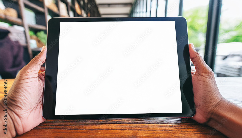 Poster mockup image of a hand holding digital tablet with blank white desktop screen