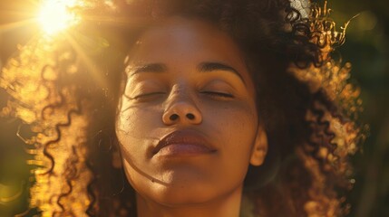 Close up sunset portrait of attractive woman with closed eyes and sun in back light, Dreaming and enjoying feeling concept lifestyle emotion, Serene female people outdoor with curly