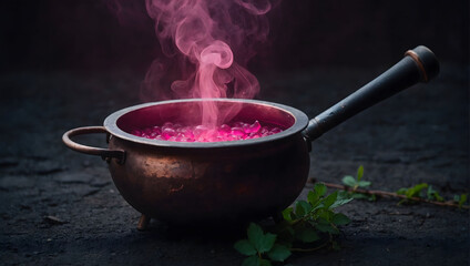 Cauldron with Pink Glowing Potion Isolated on a Dark Foggy Background.