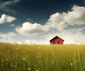 Idyllic Red Wooden House in Lush Green Field under Blue Sky with Clouds