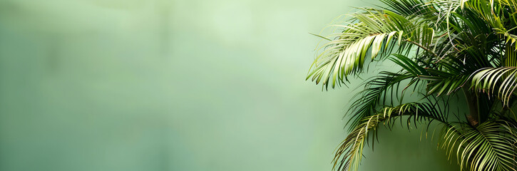 Tropical Palm Tree Web Banner. Tropical palm tree isolated on green background with space for text.