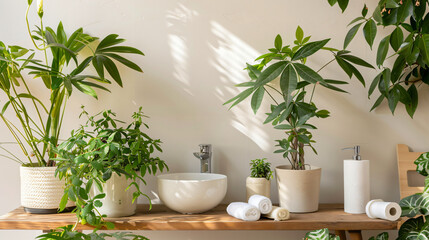 Table with houseplants paper rolls toilet bowl and bin