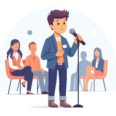 illustration of a man speaking at a forum, holding a microphone