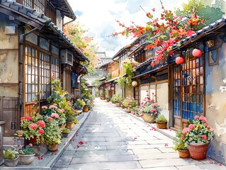 Kyoto streets with windows and houses and flowers in watercolor style