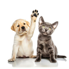 Fototapeta premium Adorable puppy and kitten giving a high five against a white background