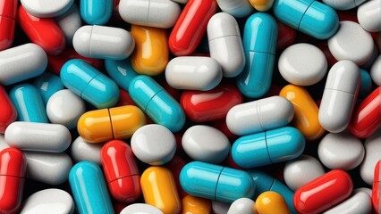 Various colorful pills and capsules on a teal background