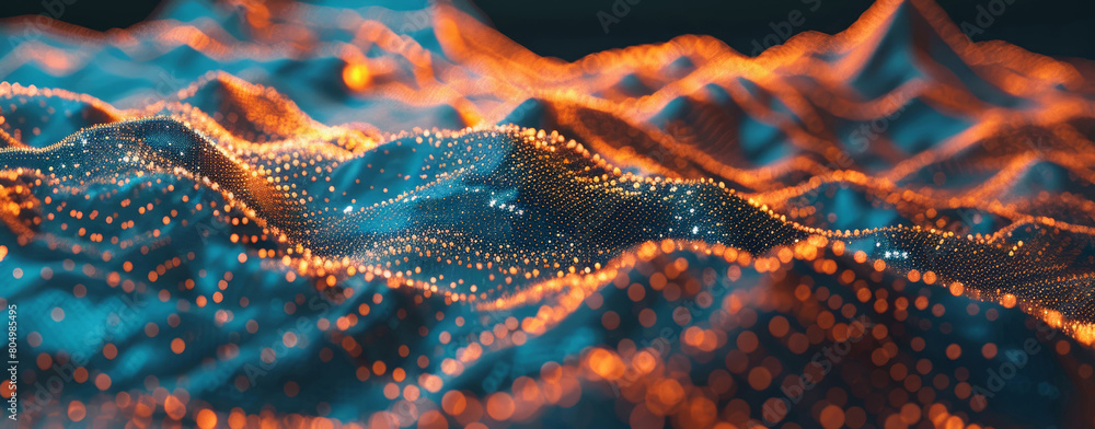 Poster dynamic digital wave of glowing particles, ideal for technology and innovation themed backgrounds.
