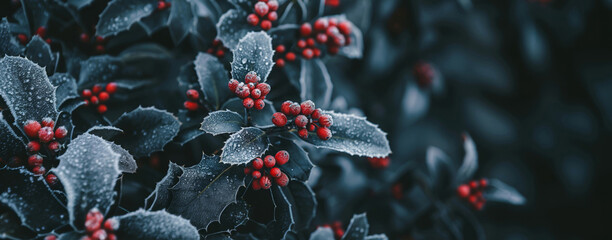 Close-up of frost-covered holly berries and leaves, highlighting a cold winter mood. - Powered by Adobe