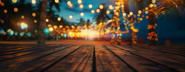 Nighttime tropical beach setting with warmly lit trees, strings of lights, and a wooden boardwalk.