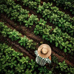 Farmer Tending Crops in Lush Green Field
Top view of a farmer wearing a straw hat while caring for a vibrant field of green crops, illustrating sustainable agriculture.
