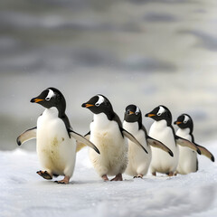 Fototapeta premium A group of gentoo penguins waddles across a snowy terrain, displaying natural behavior and camaraderie