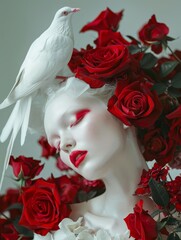 A mysterious lady in the style of queen of nature with white hair and face and a white pigeons sitting on her hair and red roses on head, sensuality and expression with closed eyes abstract relaxing.