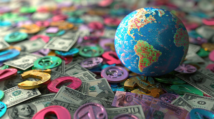 Closeup blue globe surrounded by money. Ideal for financial concepts, global economy, investments, wealth management, business growth visuals.