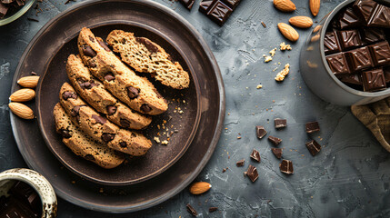 Tasty biscotti cookies and chocolate on grey table