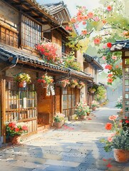 Fototapeta na wymiar Kyoto streets with windows and houses and flowers in watercolor style