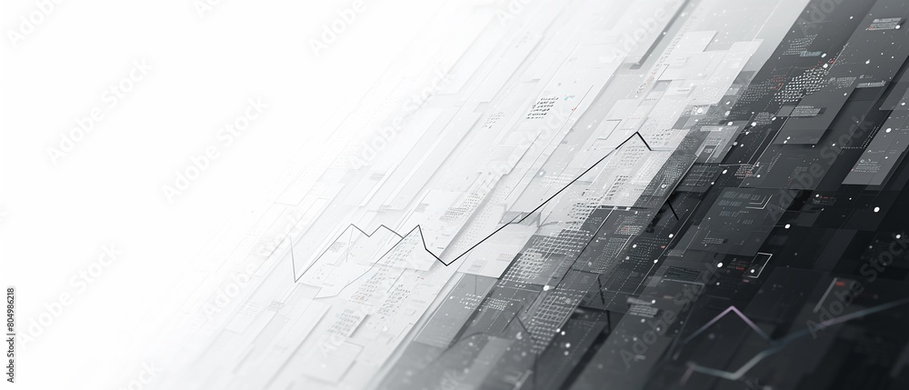 Poster minimalist and sleek design of a stock chart with thin lines and a monochrome palette, highlighting 