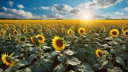 Sunlit sunflower field under a blue sky with fluffy clouds - Powered by Adobe