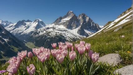 Fototapeta premium Blossoming cherry trees with a backdrop of snowy mountains