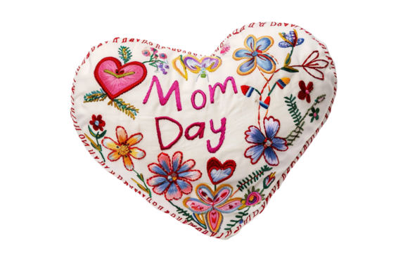 Heartfelt Mom Day Embroidered Pillow Isolated on Transparent Background PNG.