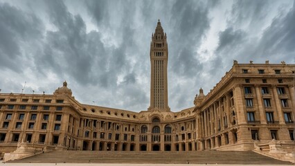 Dramatic view of a grand historic building under an overcast sky