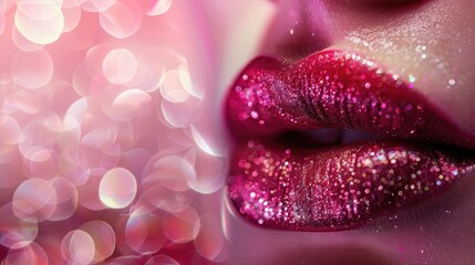 Close-up of shimmering red lips with pink bokeh background